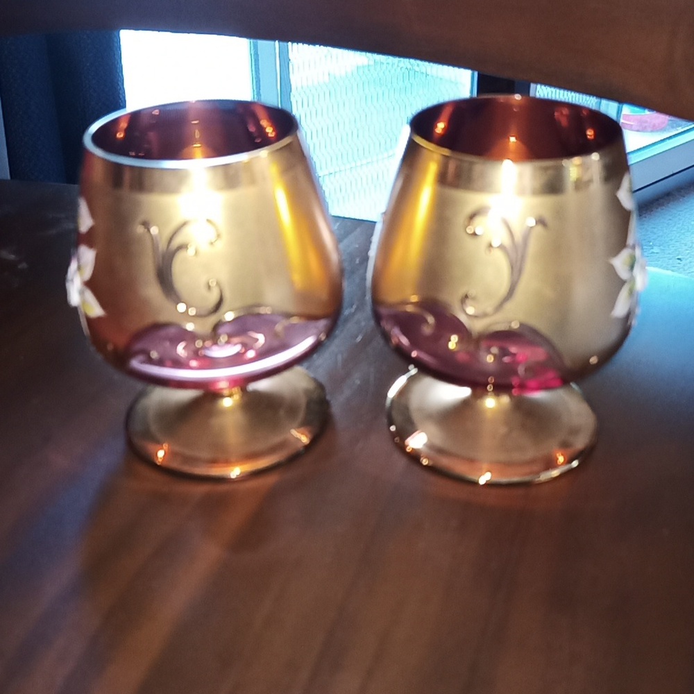 2-Vintage Borske Czech Republic 24 Kt Gold Overlay Brandy Snifter Hand P… - Picture 6 of 7